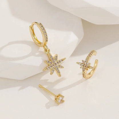 3 Pieces Simple Style Commute Star Inlay Copper Zircon Gold Plated Earrings