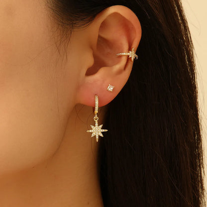 3 Pieces Simple Style Commute Star Inlay Copper Zircon Gold Plated Earrings