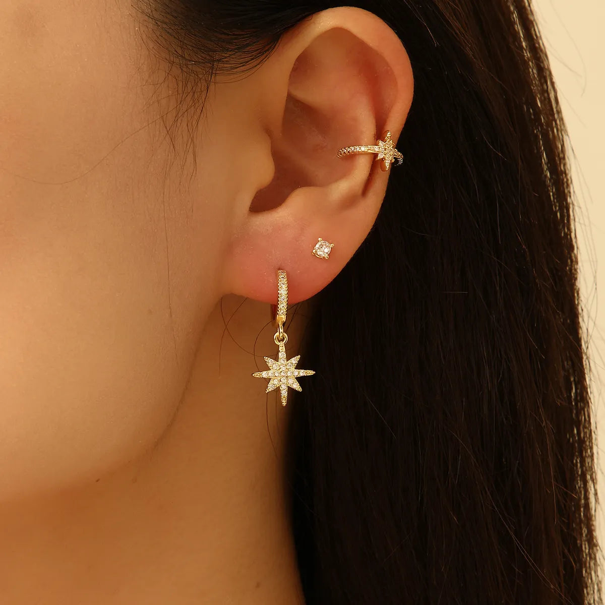 3 Pieces Simple Style Commute Star Inlay Copper Zircon Gold Plated Earrings