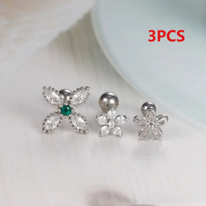 3 Pieces Simple Style Flower Irregular Plating 304 Stainless Steel Zircon Ear Studs