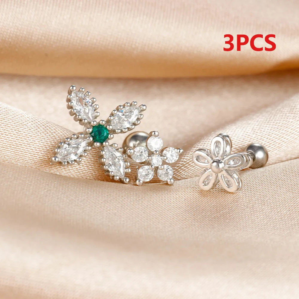 3 Pieces Simple Style Flower Irregular Plating 304 Stainless Steel Zircon Ear Studs