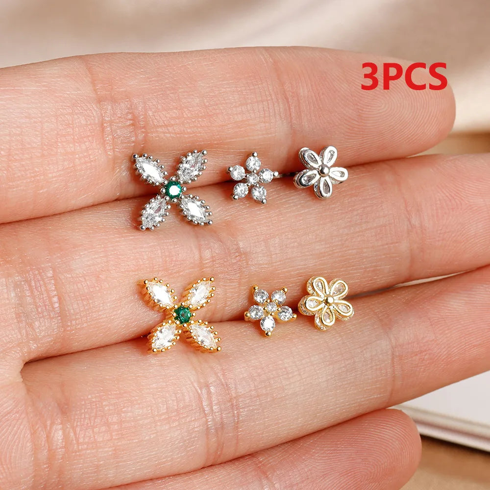 3 Pieces Simple Style Flower Irregular Plating 304 Stainless Steel Zircon Ear Studs