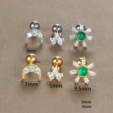 3 Pieces Simple Style Moon Floral Irregular Plating 304 Stainless Steel Zircon Ear Studs