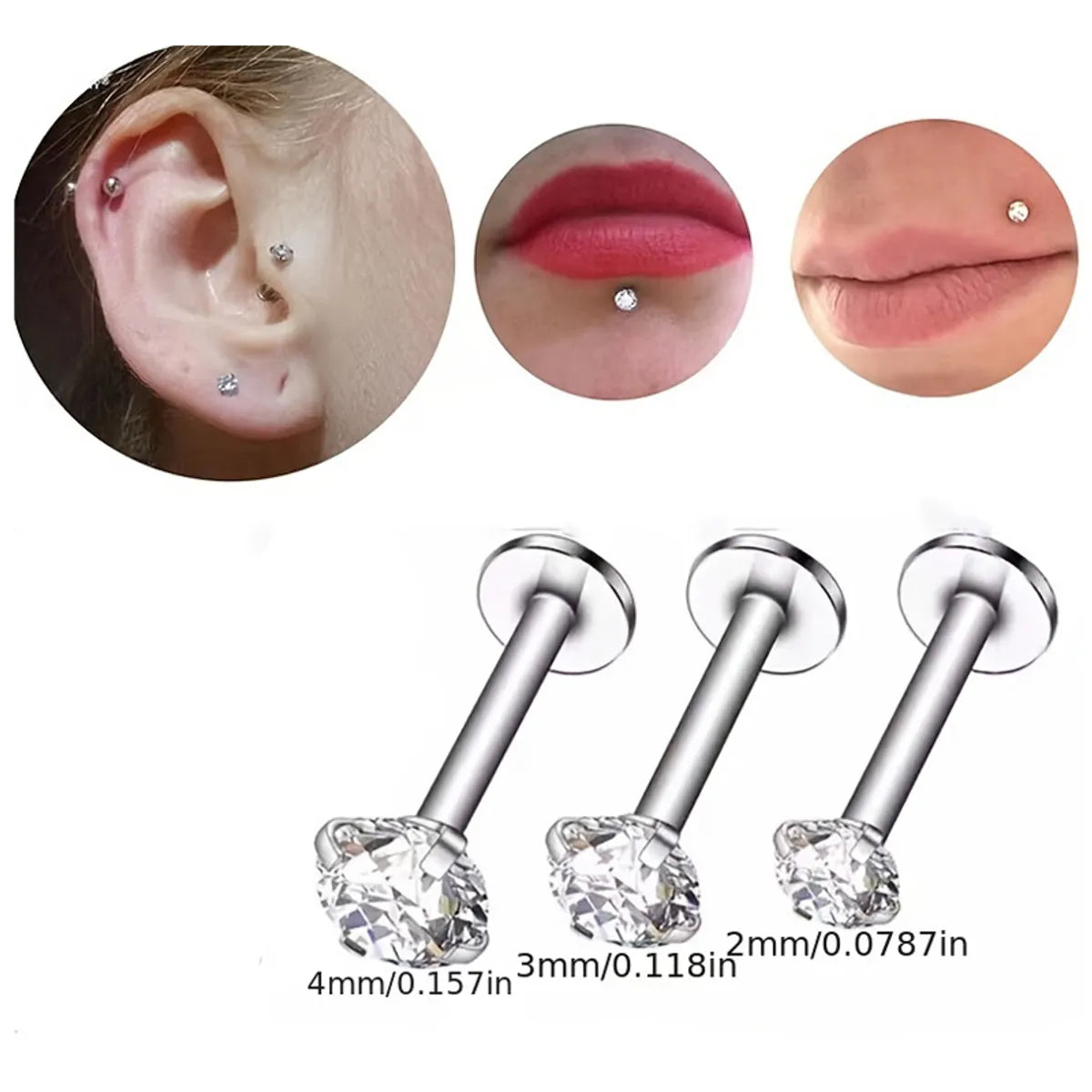 3 Pieces Simple Style Round Plating Inlay Stainless Steel Zircon Ear Studs