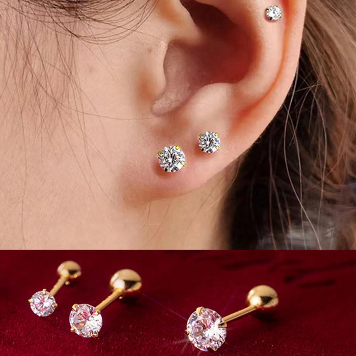 3 Pieces Simple Style Shiny Solid Color Plating Inlay Stainless Steel Zircon 14k Gold Plated Ear Studs