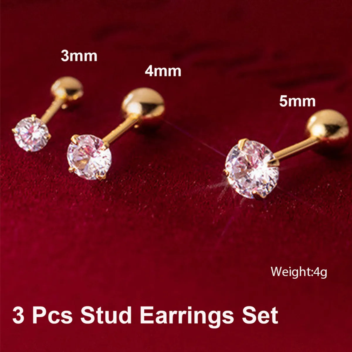 3 Pieces Simple Style Shiny Solid Color Plating Inlay Stainless Steel Zircon 14k Gold Plated Ear Studs