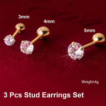 3 Pieces Simple Style Shiny Solid Color Plating Inlay Stainless Steel Zircon 14k Gold Plated Ear Studs