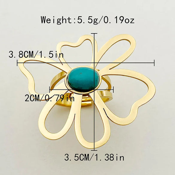 304 Stainless Steel 14K Gold Plated Elegant Preppy Style Beach Plating Hollow Out Inlay Eagle Flower Turquoise Rings