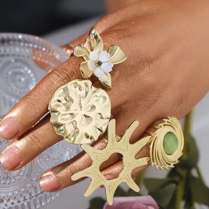 304 Stainless Steel 14K Gold Plated Hip-Hop Exaggerated Punk Plating Inlay Flower Natural Stone Rings