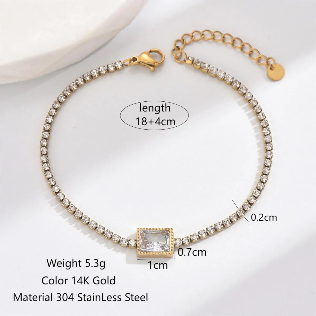 Luxurious Shiny Rectangle 304 Stainless Steel 14K Gold Plated Rhinestones Zircon Bracelets In Bulk