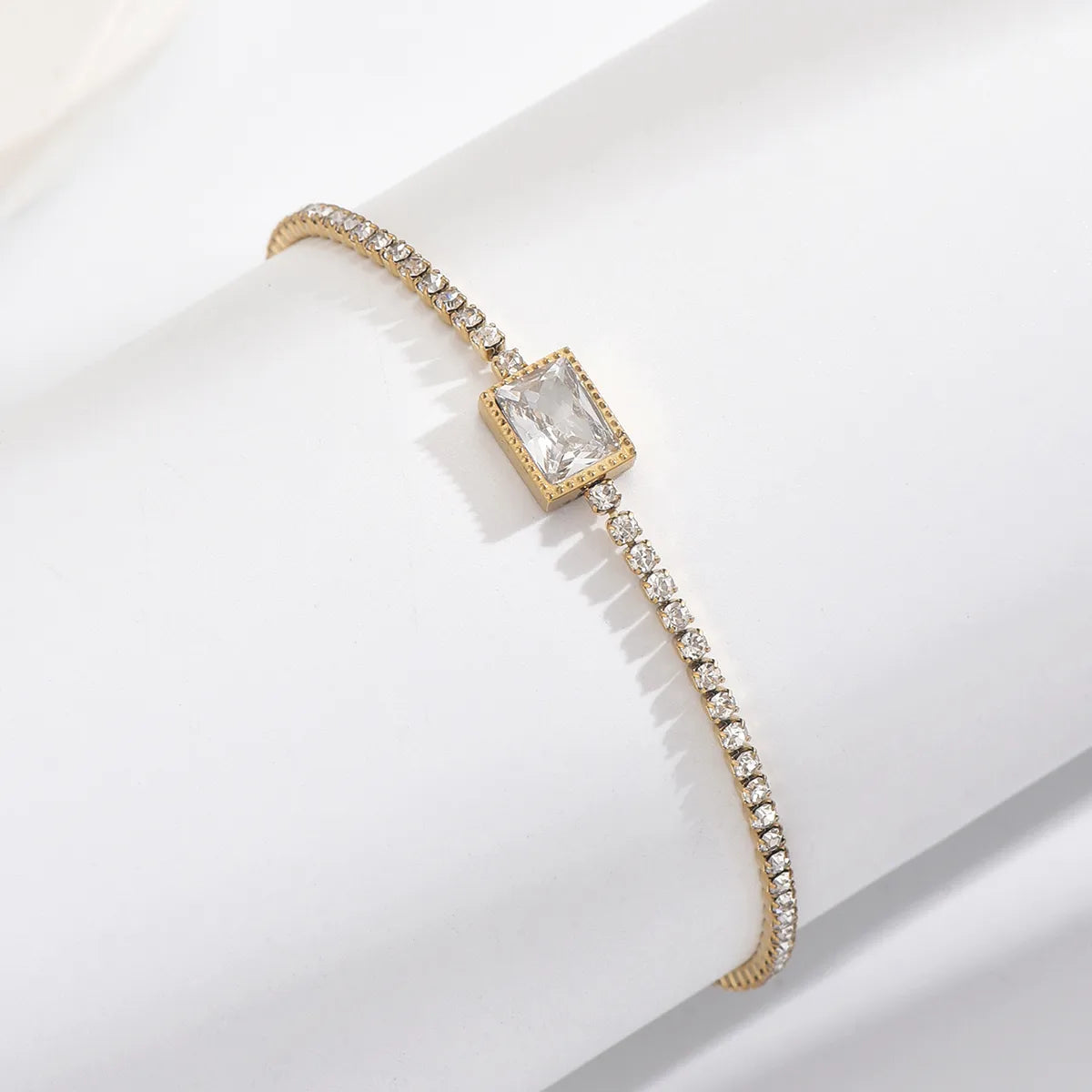 Luxurious Shiny Rectangle 304 Stainless Steel 14K Gold Plated Rhinestones Zircon Bracelets In Bulk