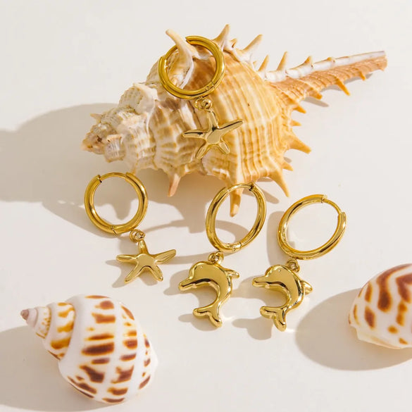 Wholesale Jewelry Marine Style Beach Tropical Starfish Dolphin Shell 304 Stainless Steel Natural Stone 14K Gold Plated Inlay Earrings Necklace