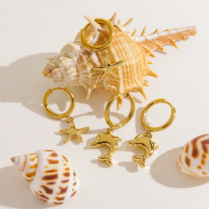 Wholesale Jewelry Marine Style Beach Tropical Starfish Dolphin Shell 304 Stainless Steel Natural Stone 14K Gold Plated Inlay Earrings Necklace