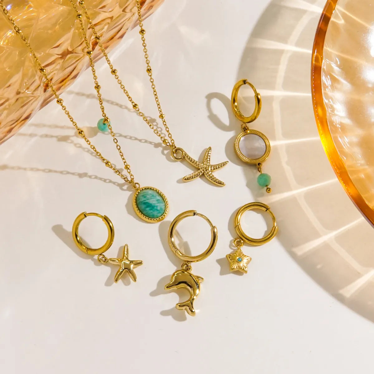 Wholesale Jewelry Marine Style Beach Tropical Starfish Dolphin Shell 304 Stainless Steel Natural Stone 14K Gold Plated Inlay Earrings Necklace