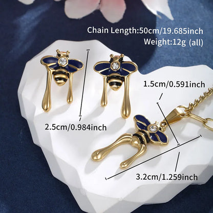 304 Stainless Steel 14K Gold Plated Modern Style Classic Style Korean Style Enamel Plating Inlay Bee Butterfly Artificial Gemstones Earrings Necklace Jewelry Set