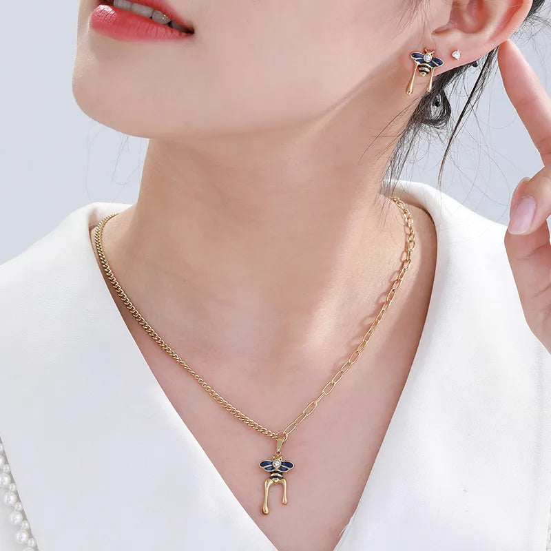 304 Stainless Steel 14K Gold Plated Modern Style Classic Style Korean Style Enamel Plating Inlay Bee Butterfly Artificial Gemstones Earrings Necklace Jewelry Set