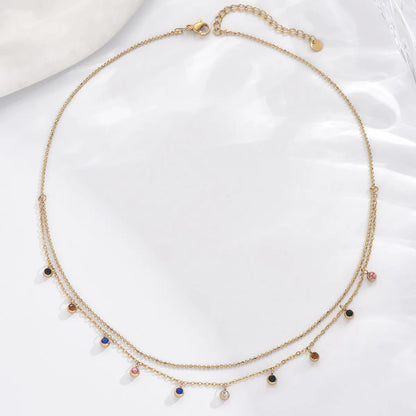 304 Stainless Steel 14K Gold Plated Simple Style Classic Style Plating Inlay Solid Color Zircon Layered Necklaces