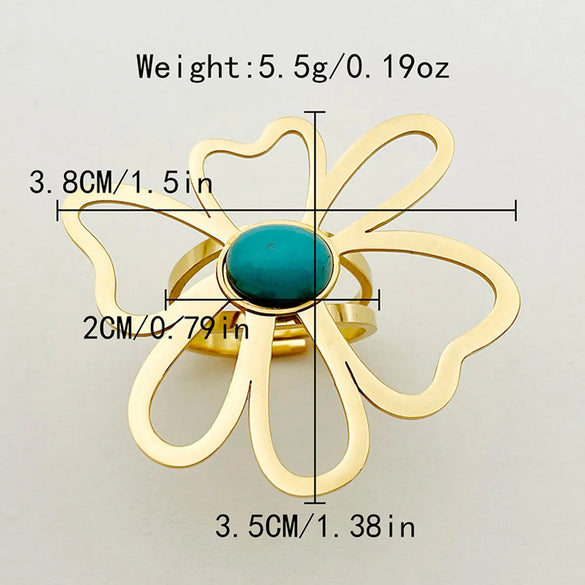 304 Stainless Steel 14K Gold Plated Vintage Style Roman Style Commute Plating Hollow Out Inlay Geometric Flower Turquoise Rings
