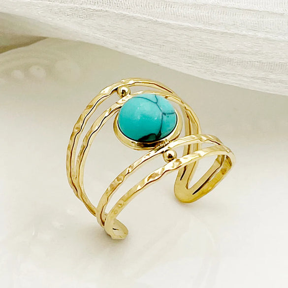 304 Stainless Steel 14K Gold Plated Vintage Style Roman Style Commute Plating Hollow Out Inlay Geometric Flower Turquoise Rings
