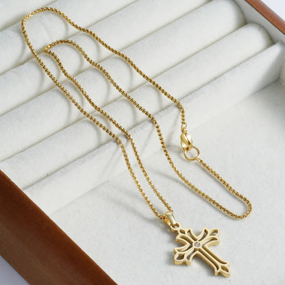 304 Stainless Steel 18K Gold Plated Basic Modern Style Classic Style Inlay Geometric Cross Rhinestones Pendant Necklace