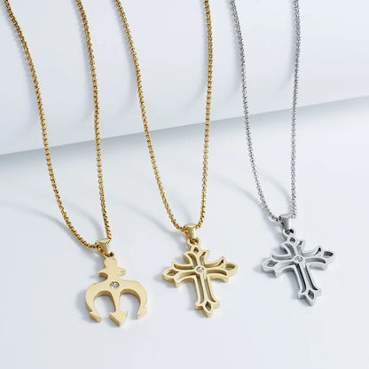 304 Stainless Steel 18K Gold Plated Basic Modern Style Classic Style Inlay Geometric Cross Rhinestones Pendant Necklace