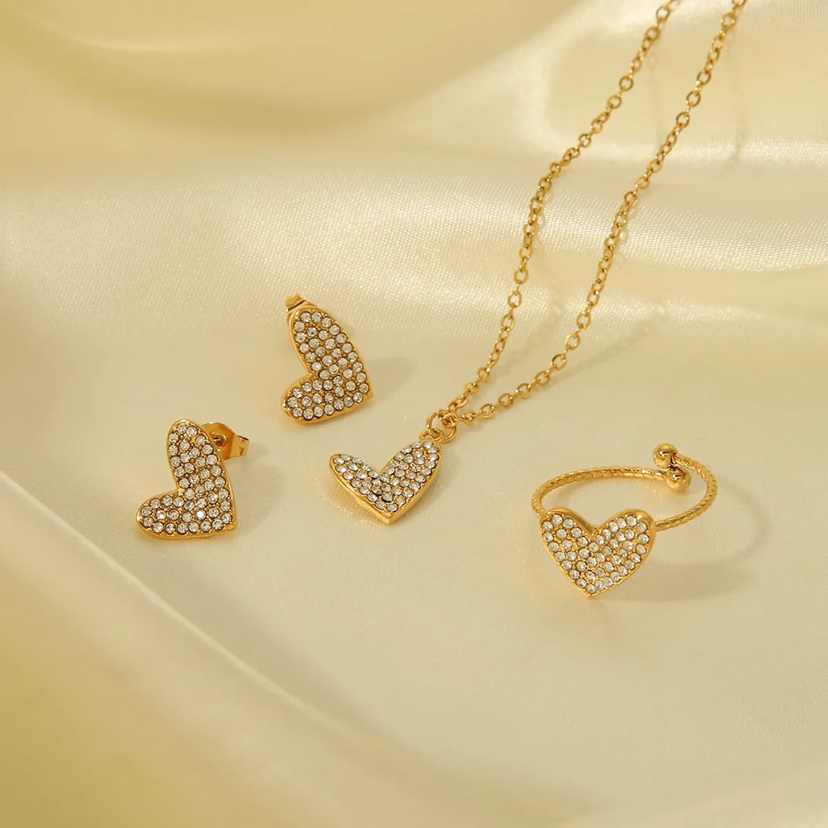 304 Stainless Steel 18K Gold Plated Basic Modern Style Classic Style Inlay Heart Shape Rhinestones Rings Earrings Necklace