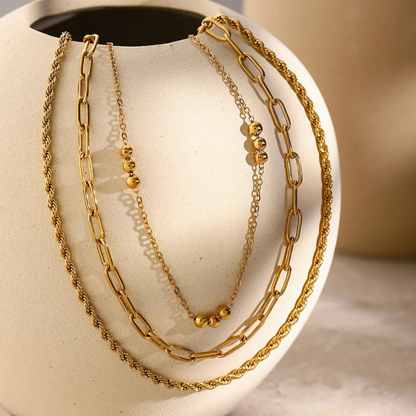 304 Stainless Steel 18K Gold Plated Basic Plating Chain Titanium Steel Three Layer Necklace