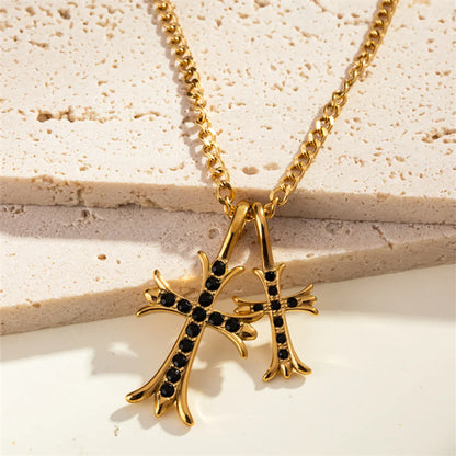 304 Stainless Steel 18K Gold Plated Casual Commute Plating Inlay Cross Rhinestones Pendant Necklace