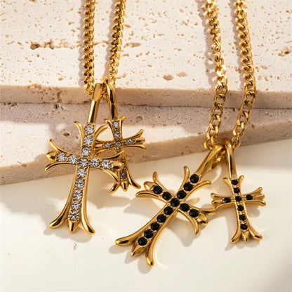 304 Stainless Steel 18K Gold Plated Casual Commute Plating Inlay Cross Rhinestones Pendant Necklace