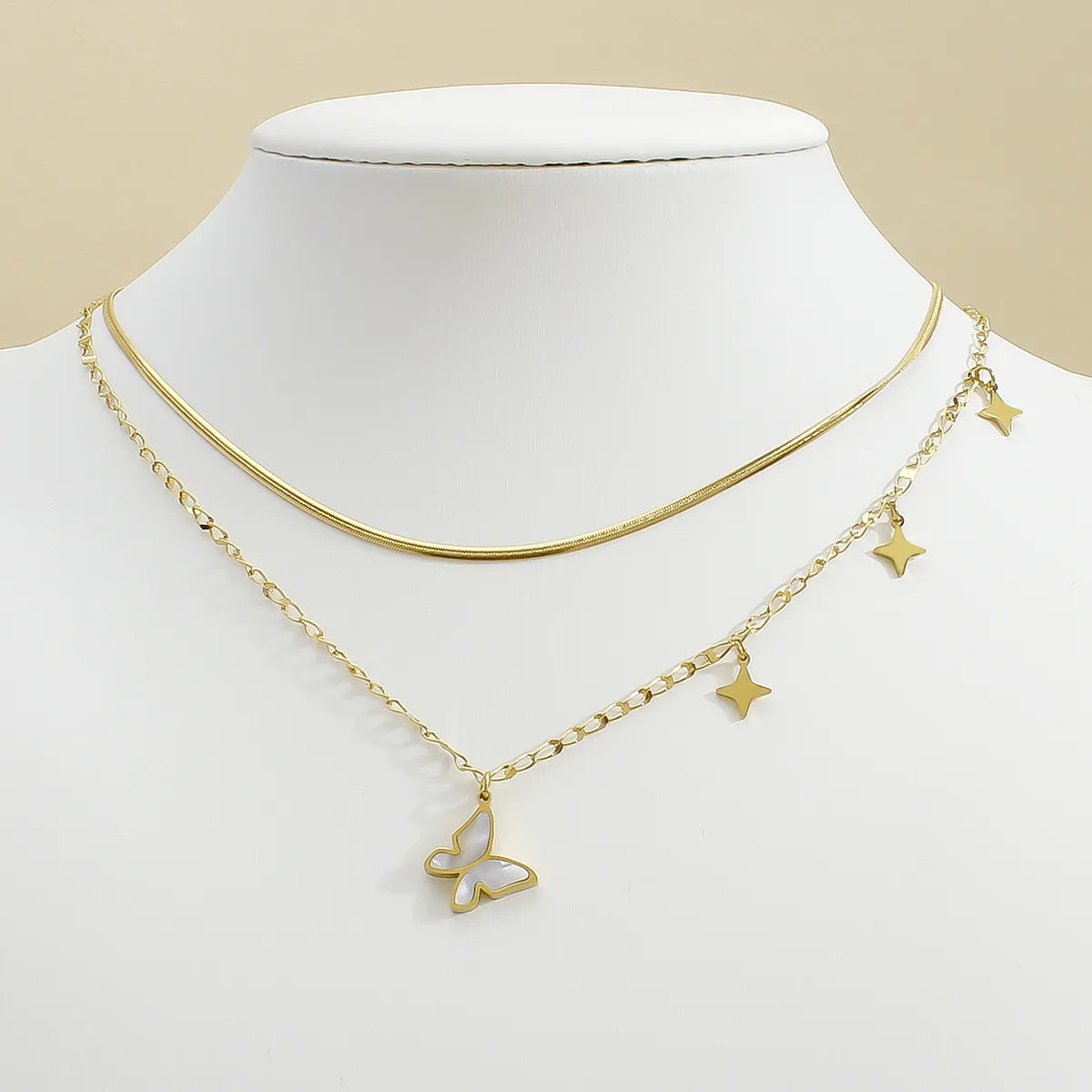 304 Stainless Steel 18K Gold Plated Casual Elegant Luxurious Inlay Star Butterfly Shell Layered Necklaces