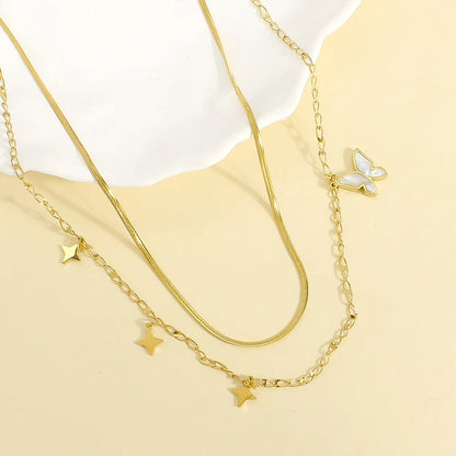 304 Stainless Steel 18K Gold Plated Casual Elegant Luxurious Inlay Star Butterfly Shell Layered Necklaces