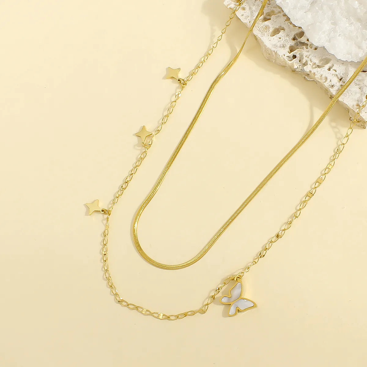 304 Stainless Steel 18K Gold Plated Casual Elegant Luxurious Inlay Star Butterfly Shell Layered Necklaces