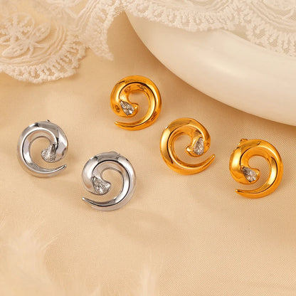 304 Stainless Steel 18K Gold Plated Casual Elegant Simple Style Plating Inlay Spiral Rhinestones Rings Earrings