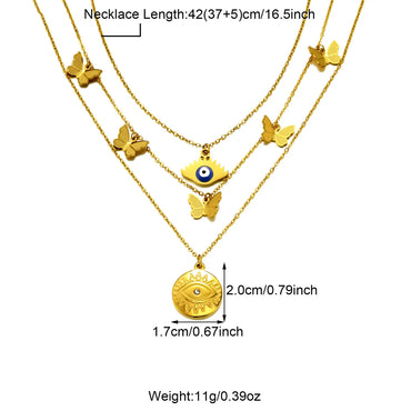 304 Stainless Steel 18K Gold Plated Casual Inlay Moon Leaves Butterfly Zircon Three Layer Necklace Pendant Necklace