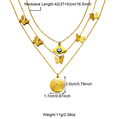 304 Stainless Steel 18K Gold Plated Casual Inlay Moon Leaves Butterfly Zircon Three Layer Necklace Pendant Necklace