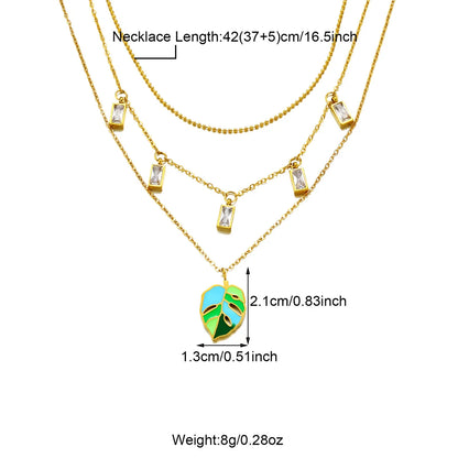 304 Stainless Steel 18K Gold Plated Casual Inlay Moon Leaves Butterfly Zircon Three Layer Necklace Pendant Necklace