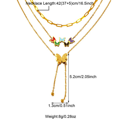 304 Stainless Steel 18K Gold Plated Casual Inlay Moon Leaves Butterfly Zircon Three Layer Necklace Pendant Necklace