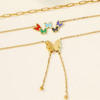 304 Stainless Steel 18K Gold Plated Casual Inlay Moon Leaves Butterfly Zircon Three Layer Necklace Pendant Necklace