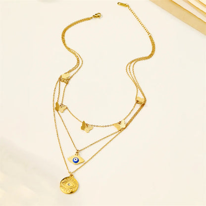 304 Stainless Steel 18K Gold Plated Casual Inlay Moon Leaves Butterfly Zircon Three Layer Necklace Pendant Necklace