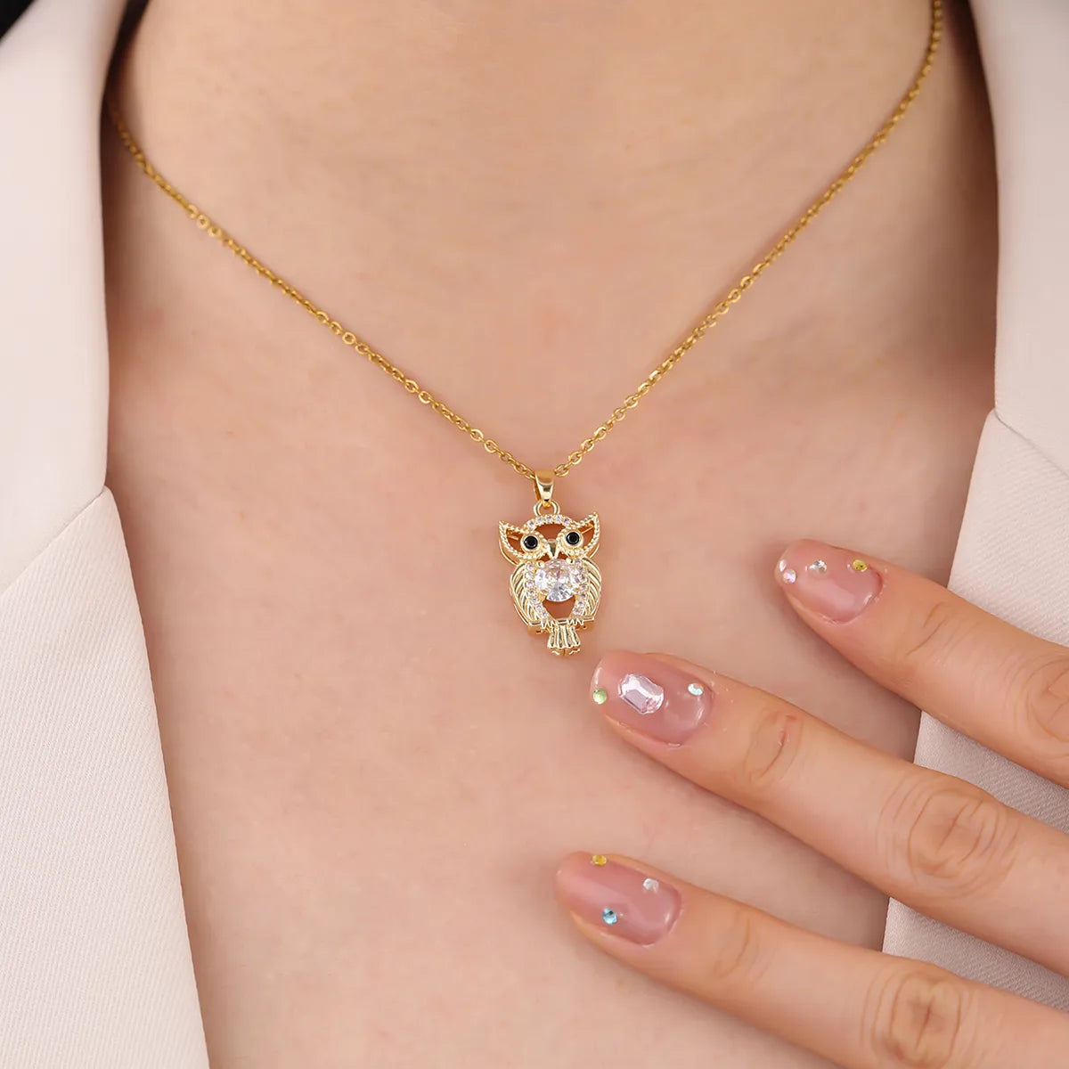 304 Stainless Steel 18K Gold Plated Casual Plating Inlay Owl Zircon Pendant Necklace