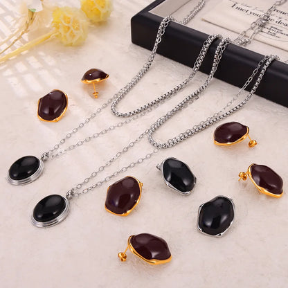 304 Stainless Steel 18K Gold Plated Casual Retro British Style Enamel Plating Round Earrings Necklace Jewelry Set