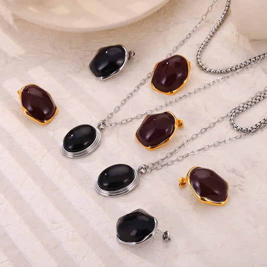 304 Stainless Steel 18K Gold Plated Casual Retro British Style Enamel Plating Round Earrings Necklace Jewelry Set