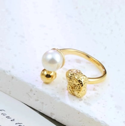 304 Stainless Steel 18K Gold Plated Casual Simple Style Asymmetrical Inlay Round Artificial Pearls Open Rings