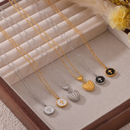 304 Stainless Steel 18K Gold Plated Casual Simple Style Commute Enamel Plating Cross Round Heart Shape Pendant Necklace