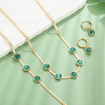 304 Stainless Steel 18K Gold Plated Casual Simple Style Inlay Round Artificial Gemstones Opal Bracelets Earrings Necklace