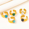 304 Stainless Steel 18K Gold Plated Classical Lady Classic Style Inlay Geometric Artificial Gemstones Imitating Stone Open Rings
