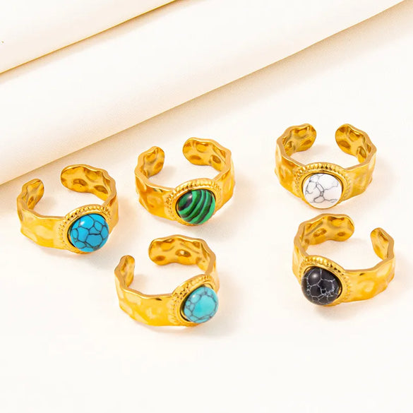 304 Stainless Steel 18K Gold Plated Classical Lady Classic Style Inlay Geometric Artificial Gemstones Imitating Stone Open Rings