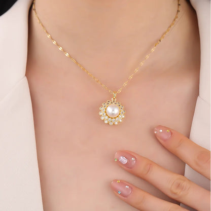 304 Stainless Steel 18K Gold Plated Cute Diamond Round Flower Zircon Pendant Necklace