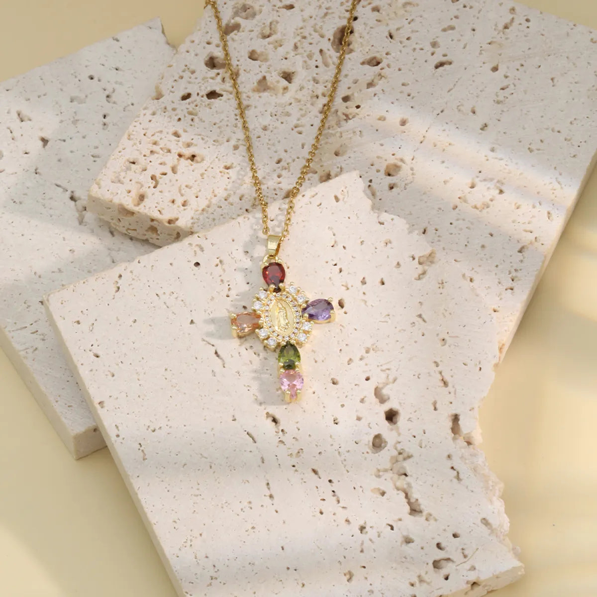 304 Stainless Steel 18K Gold Plated Cute Romantic Shiny Plating Inlay Human Cross Zircon Pendant Necklace