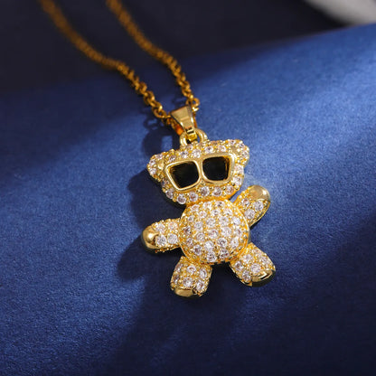 304 Stainless Steel 18K Gold Plated Cute Shiny Plating Inlay Little Bear Zircon Pendant Necklace